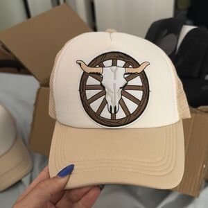 Beige Trucker Hat with Bull Skull Embroidery